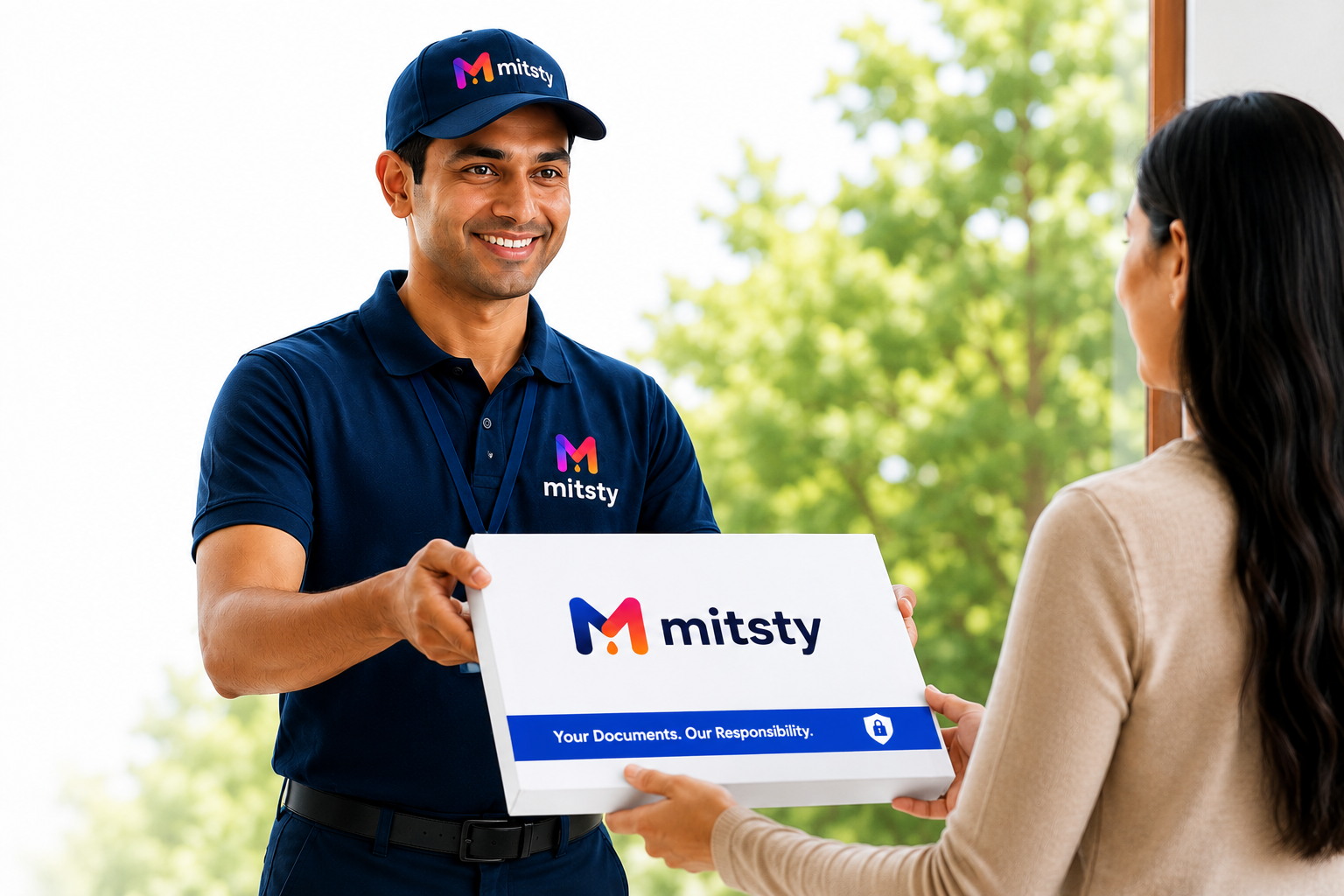 Mitsty delivery executive handing a printed package to a customer